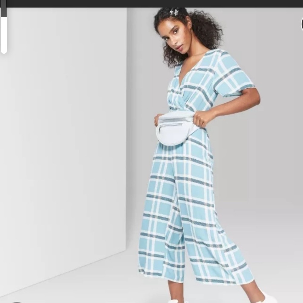 Blue summer jumpsuit checkered plaid pattern sz S